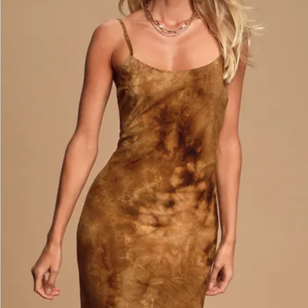 Lulus NWT Second Glance Brown Tie-Dye Strappy Backless Midi Slip Dress MEDIUM
